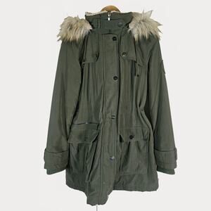 Petite Medium DKNY Anorak Women's Military Green Faux Fur Hood Parka Coat Jacket